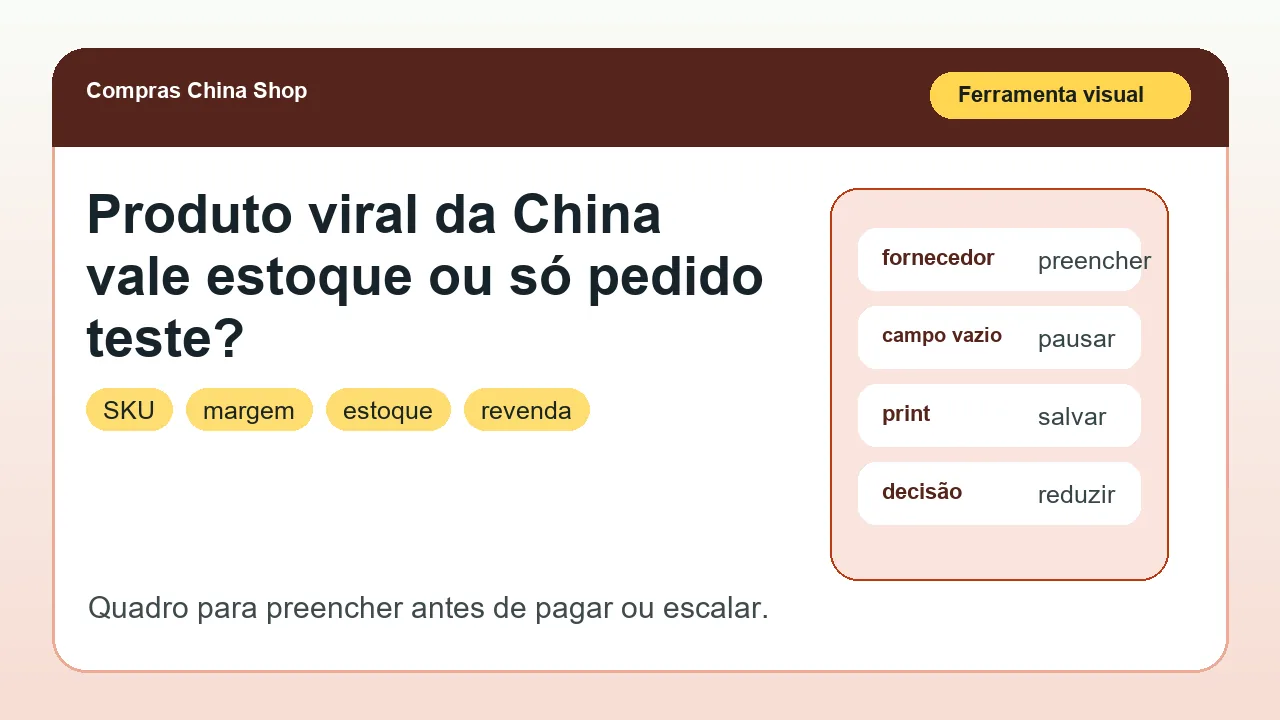 Ferramenta visual para aplicar o artigo Produto viral da China vale estoque ou só pedido teste?