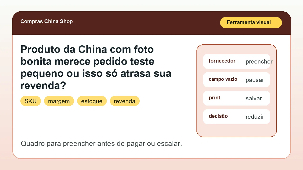Ferramenta visual para aplicar o artigo Produto da China com foto bonita merece pedido teste pequeno ou isso só atrasa sua revenda?